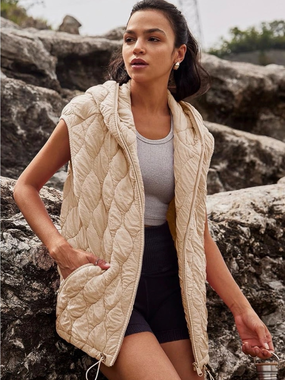 Quilted Hooded Vest Dusty Blush Oversized Lightweight Zip Puffer Layering Piece